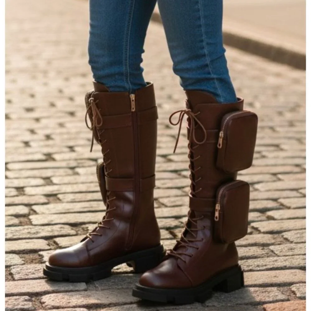 Lace-Up Wine Combat Boots With Detachable Utility Pouches & Side Zippers For Wom - Picture 1 of 12